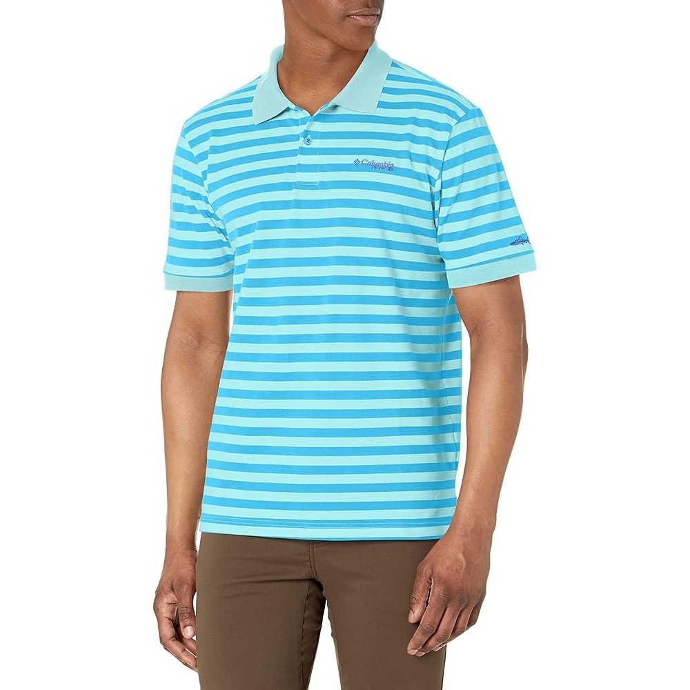 Columbia PFG Mens XL Striped Performance Fishing Polo‎ Shirt Blue Aqua